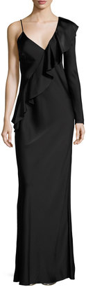 Diane von Furstenberg Satin Asymmetric Ruffle Gown, Black