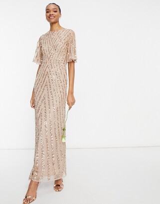 Maya flutter sleeve all over patterned sequin maxi dress in taupe blush