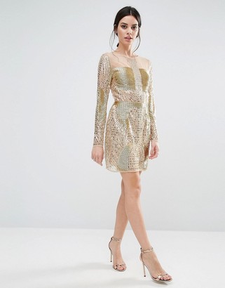 Maya Petite Long Sleeve Gold Embellished Mini Dress