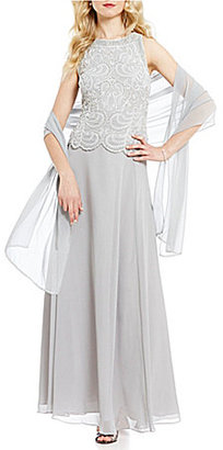 J Kara Sequin Cowl Neck A-Line Mock Flair Gown