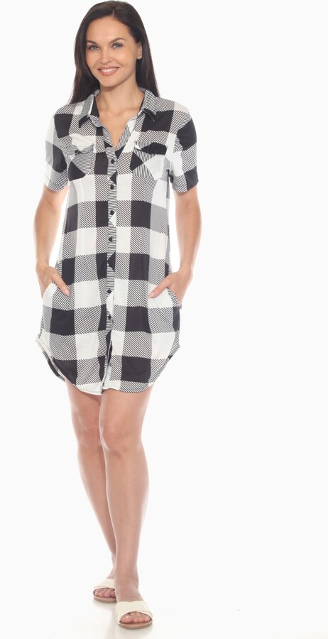 White Mark Women's Short Sleeve Plaid Button-Down Shirt Dress