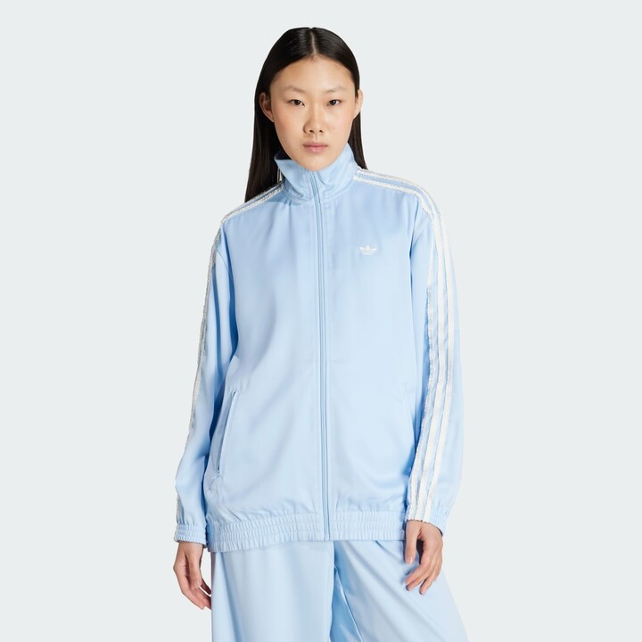 adidas Satin Ruffle 3-Stripes Firebird Track Jacket Clear Sky XS Womens