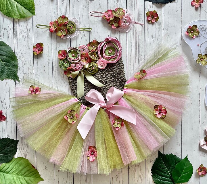 Fairy Tutu Top Fabric Headband Costume Set, Baby Girl Moss Olive Flower, Half Birthday Cake Smash Outfit Dress, Garden Beauty Pageant Prop