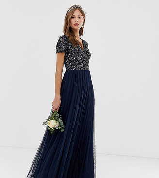 Maya Bridesmaid V neck maxi tulle dress with tonal delicate sequins
