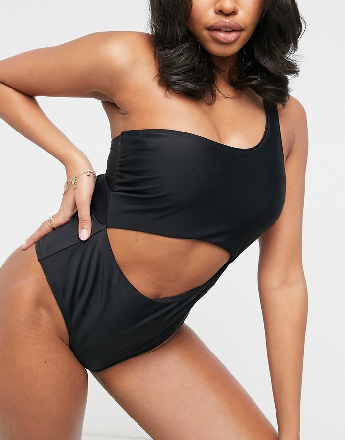 Ivory Rose Fuller Bust one shoulder cut out swimsuit in black