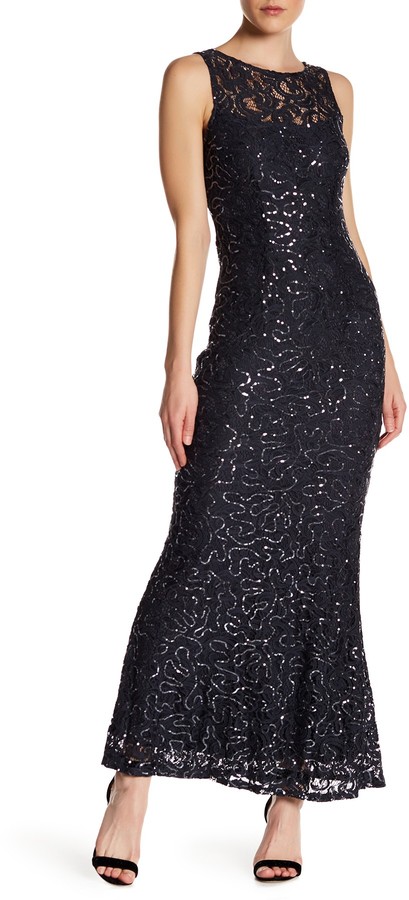 marina sleeveless illusion yoke lace gown