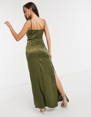 Yaura cami strap thigh split midaxi dress in olive