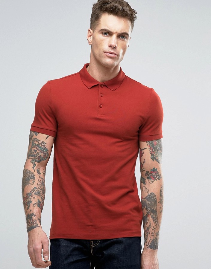 ASOS Muscle Pique Polo Shirt In Red With Button Down Collar - ShopStyle