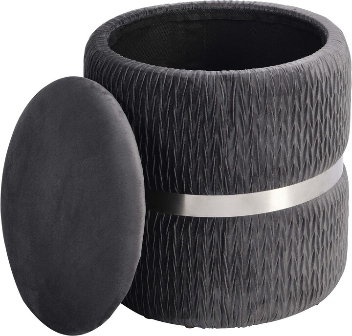 Techni Mobili Gray Velvet Round Ottoman with St orage