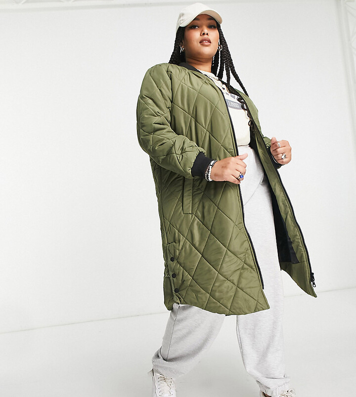 Only Curve longline quilted coat in khaki ShopStyle
