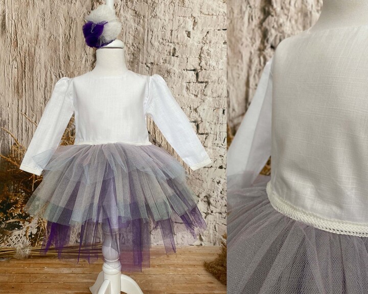 Toddler Girl White Purple Dress, Birthday Tutu Girl's Photoshoot Outfit, Outfit