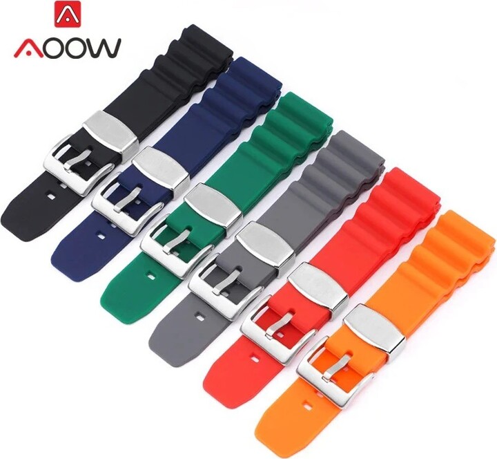 AOOW Silicone Sport Strap 20mm 22mm Stainless Steel Metal Hoop Holder Diving Waterproof Men Replacement Bracelet Watch Band for Seiko