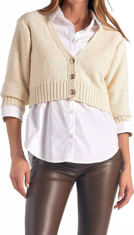 Elan International Heidi V-Neck Sweater Collar Top Set In Off White