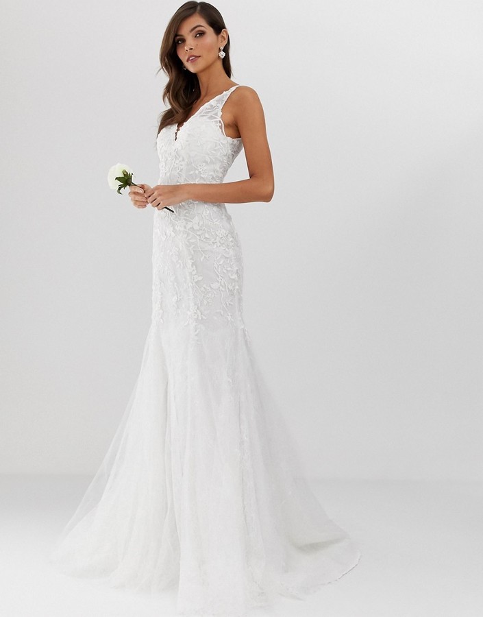 ASOS EDITION Embroidered Mesh Over Lace Fishtail Wedding Dress