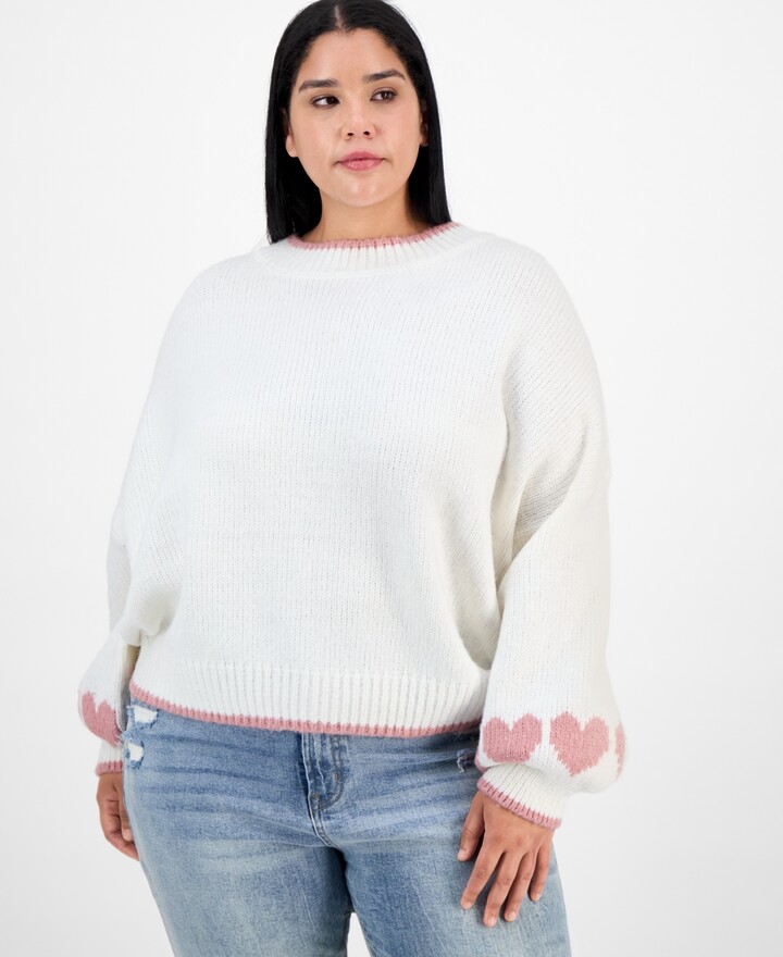 Hippie Rose Trendy Plus Size Heart-Graphic Sweater - White/pink Hearts