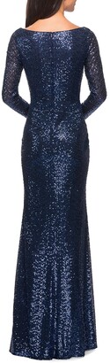 La Femme Long-Sleeve V-Neck Sequin Dress