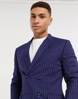 Thumbnail for your product : Topman super skinny double breasted suit jacket in blue pinstripe