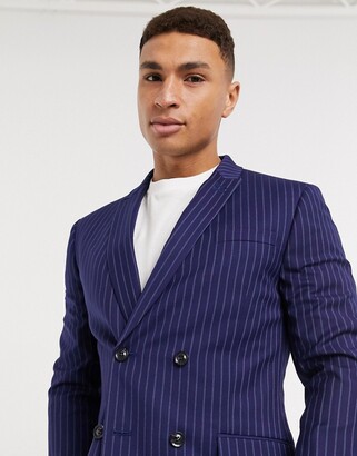 Topman super skinny double breasted suit jacket in blue pinstripe