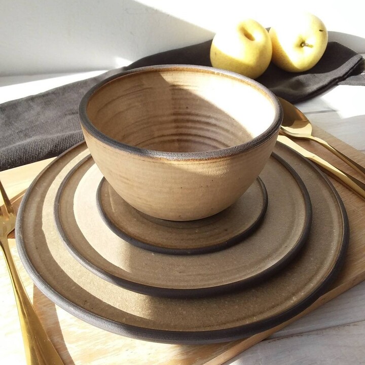 Beige & Black Stoneware Dinner Set, Four Piece Ceramic Set