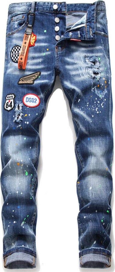 nobranded Men's Jeans Tight Feet Embroidery Hole Patch Elastic