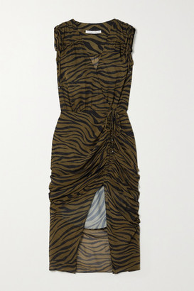 Veronica Beard Teagan Wrap-effect Ruched Zebra-print Silk Crepe De Chine Dress - Army green