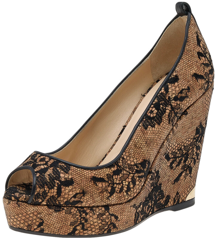 Jimmy Choo Beige/Black Lace And Cork Pacific Platform Peep Toe Pumps Size 38