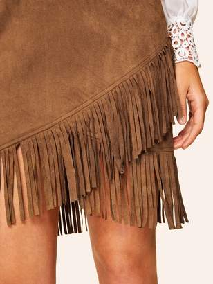 Shein Asymmetrical Fringe Trim Wrap Suede Skirt