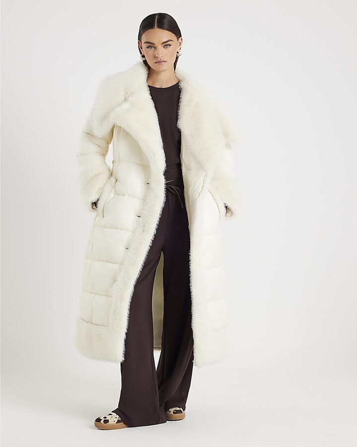 Longline Coat River Island Cream Faux Fur Coat Padded Coat River
