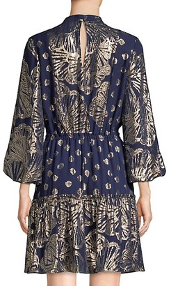 Lilly Pulitzer Joella Seagrass-Print Metallic Silk Puff-Sleeve A-Line Dress