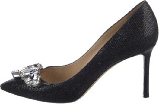 Jimmy Choo Glitter Pumps Black Crystal & Glitter Accents Semi-Pointed Toes Includes Additional Heel Caps