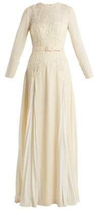 Self-Portrait Pleated Skirt Belted Crepe Dress - Womens - Ivory