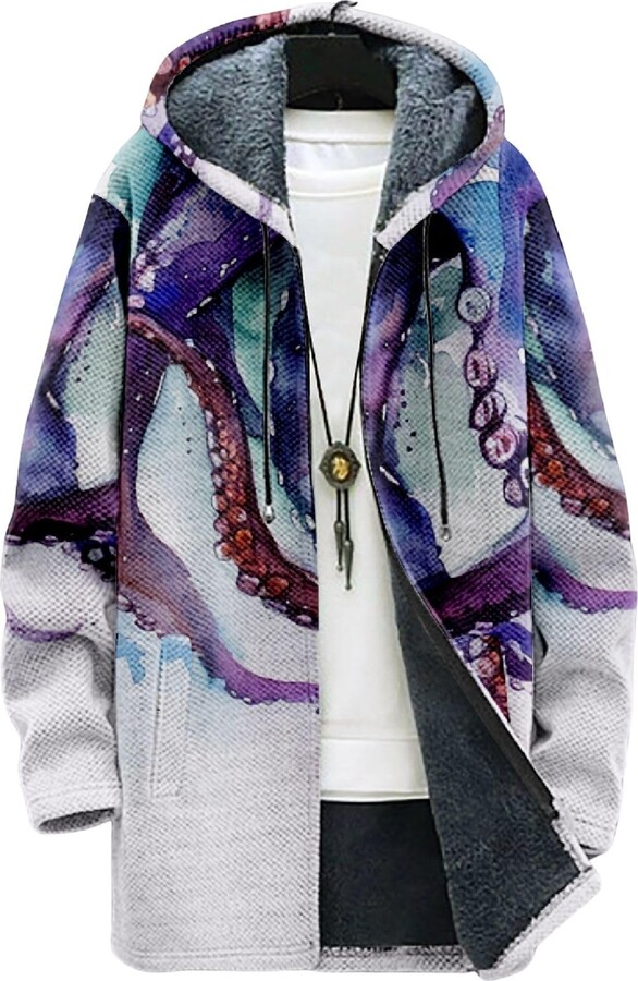 DMOYALA Mens Long Cardigan Hoodies Fleece Octopus Purple Printed Japanese Art Full Zip Lined Sweater Jackets Fashion Knitted Men Hooded Coat with Pockets for 2024 Fall Winter M