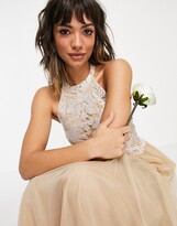 Thumbnail for your product : Vila Bridal halterneck dress with sequin body and tulle skirt in champagne