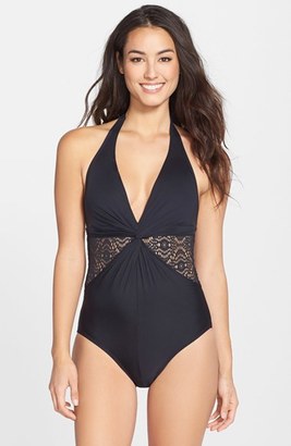 Laundry by Shelli Segal Lace Inset Front Twist One-Piece Halter Swimsuit