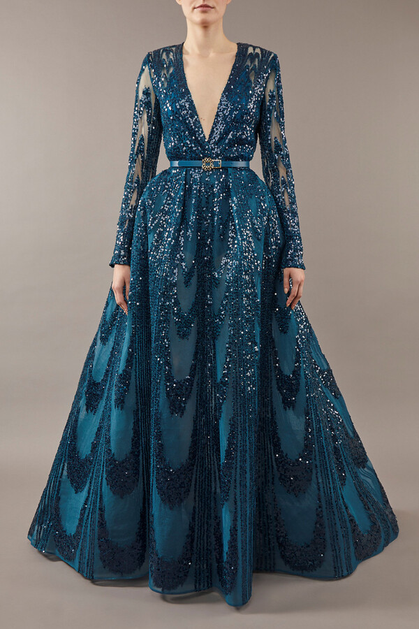 Elie Saab Embroidered V-Neck Tulle Gown - ShopStyle Evening Dresses