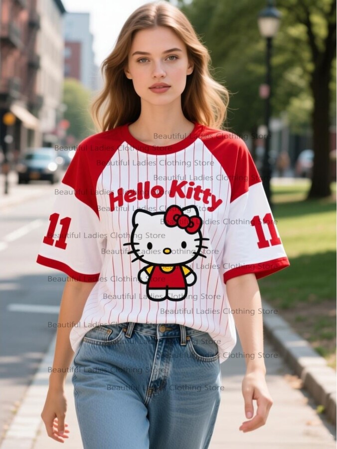 SANRIO Hello Kitty Retro Color Block Sporty Tee Womens Spring Summer Cute Casual Trendy Top Fashion Comfortable Ladies TShirt