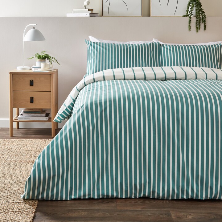 Dunelm Jovi Stripe Teal Duvet Cover and Pillowcase Set Green/White