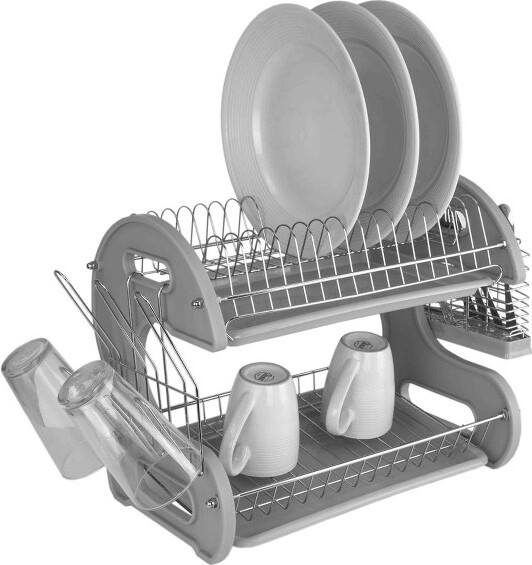 J&V TEXTILES Foldable Dish Drying Rack with Drainboard, Stainless Steel 2  Tier Dish Drainer Rack (Black)