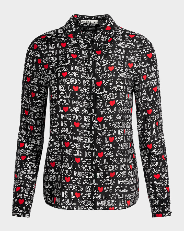 Alice + Olivia x The Beatles All You Need is Love Willa Silk Placket Top