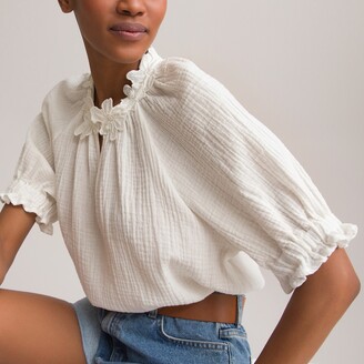 La Redoute Collections Cotton Mandarin Collar Blouse with Ruffled Short Puff  Sleeves - ShopStyle Tops