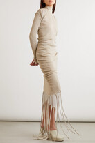 Thumbnail for your product : Bottega Veneta Open-back Layered Fringed Ribbed-knit Turtleneck Dress - Beige