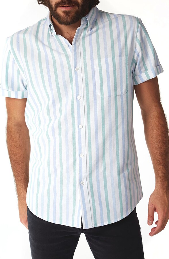 HANA+DORA Mens Short Sleeve Button Down Shirt Casual Vertical Striped Tops Blouses Shirt 