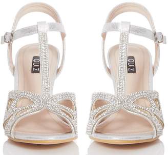 Quiz Bridal Silver Diamante T-Bar Heeled Sandals
