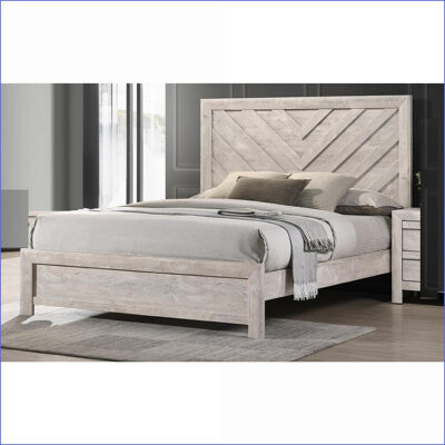 Full Size Rustic Wooden Bed Frame with Chevron Headboard Beige Gray Finish for Bedroom