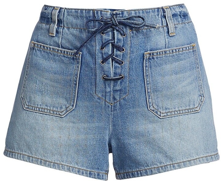 oodji Ultra Womens Denim Shorts with Lace Patches 
