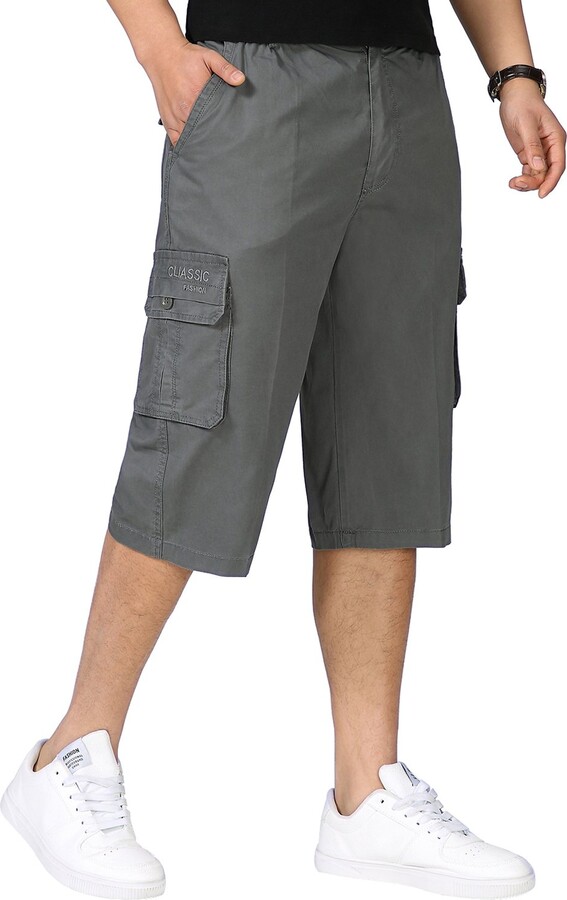 Gopune Mens 3/4 Cargo Shorts Pockets Cotton Combat Long Short Trousers Pants Casual Summer Military Elasticated Waist 