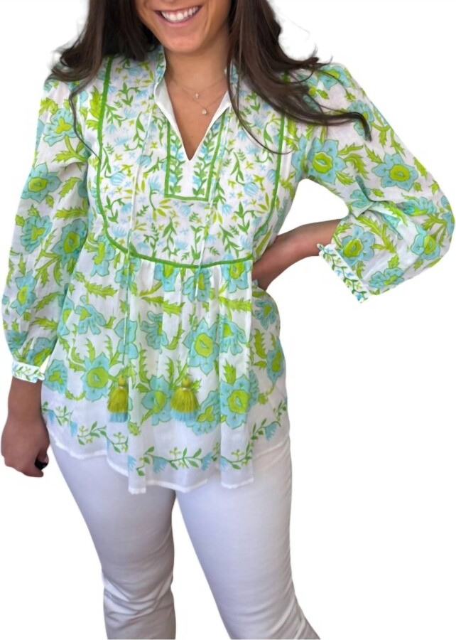 Bella Tu Tulips Peasant Top In Green Multi