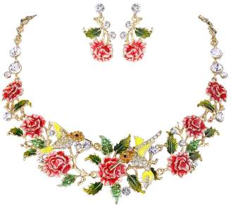 Ever Faith Gold-Tone Crystal Enamel Hummingbird Hibiscus Flower Leaf Necklace Earrings Set N06876-3