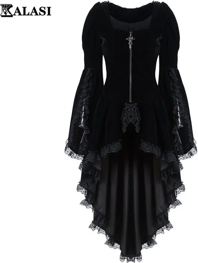 None Women Gothic Long Sleeve Cross Irregular Velvet Tuxedo Dresses Lace Hem Medieval Ladies Witch Dress Lolita Cosplay Costume