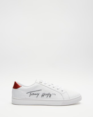 Tommy Hilfiger Women's White Low-Tops - Essential Signature Sequin Cupsole Leather Trainers